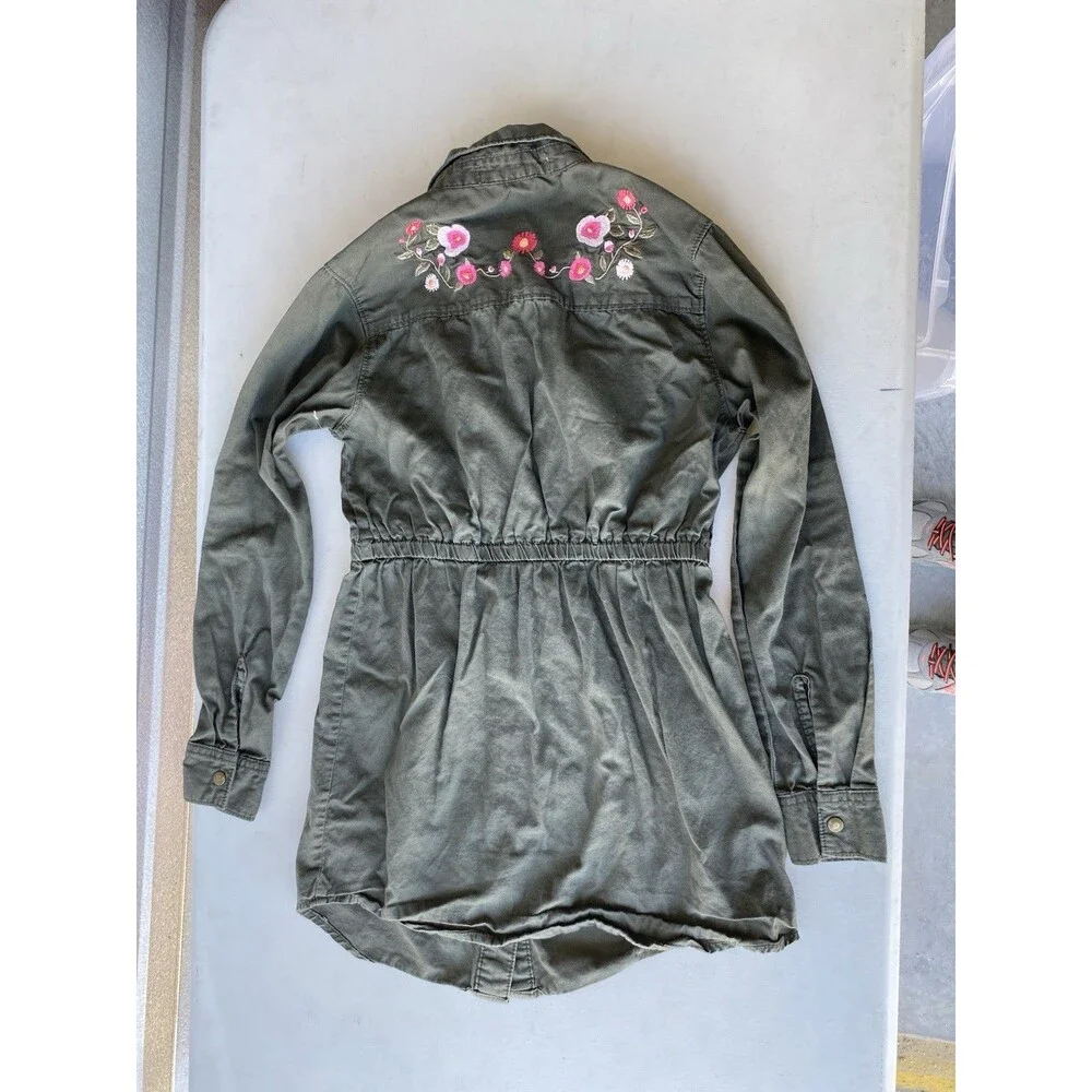 Derek Heart Girl M Olive Green Shirt Dress Embroidered Floral Utility Jacket